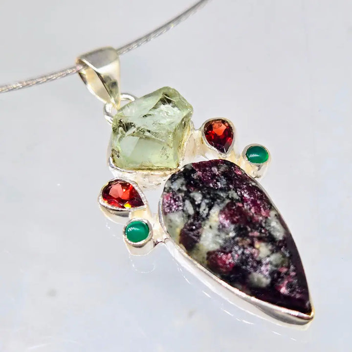?CRown Jewel’ 2’’ Pendant – Prasiolite Garnet Green Onyx Ruby Zoisite Sterling