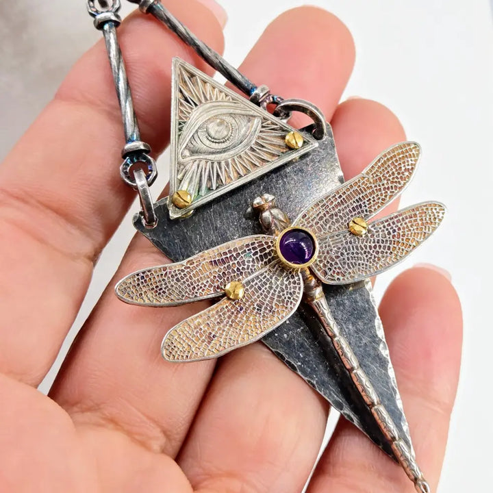 ?D Fly n z Eye!’ Convertible Necklace - Mixed Metals Amethyst Upcycled Bits & Enhancer Clip