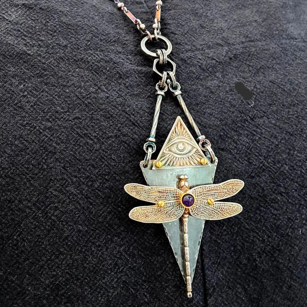 ?D Fly n z Eye!’ Convertible Necklace - Mixed Metals Amethyst Upcycled Bits & Enhancer Clip