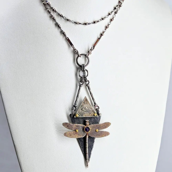?D Fly n z Eye!’ Convertible Necklace - Mixed Metals Amethyst Upcycled Bits & Enhancer Clip