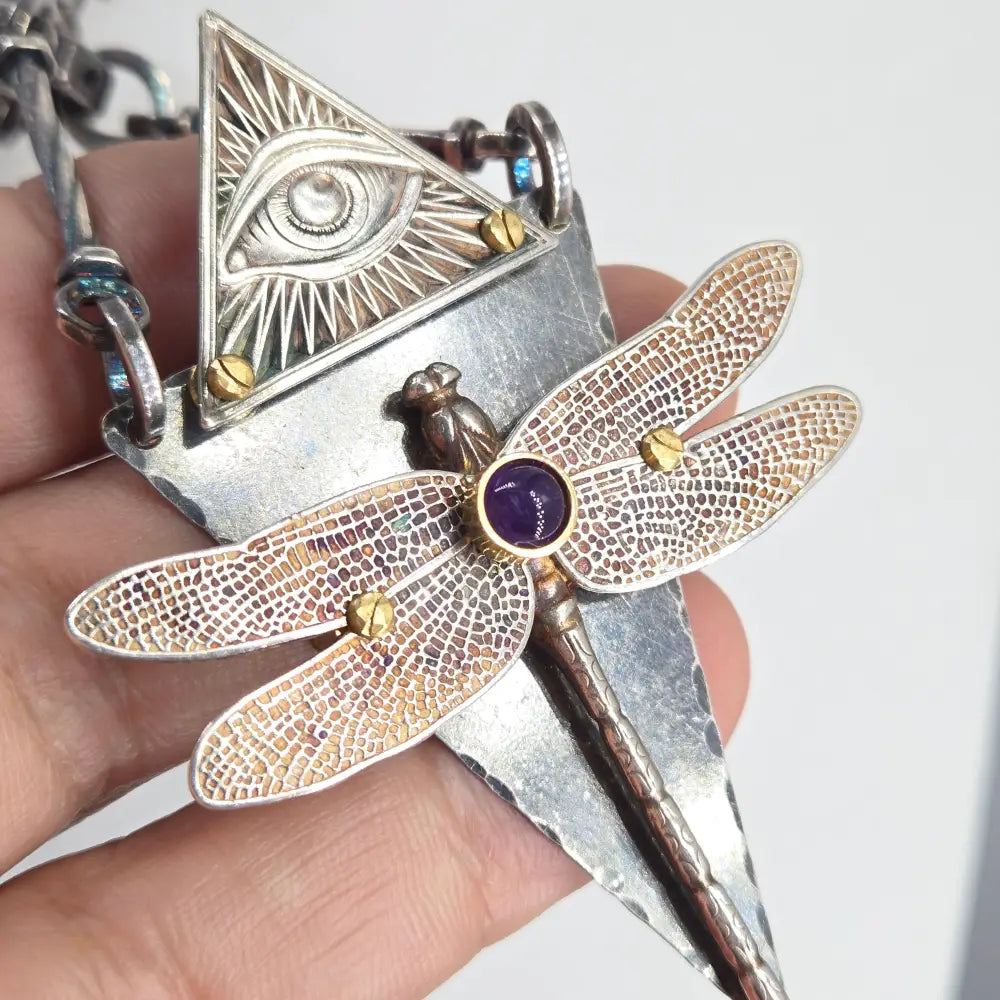?D Fly n z Eye!’ Convertible Necklace - Mixed Metals Amethyst Upcycled Bits & Enhancer Clip