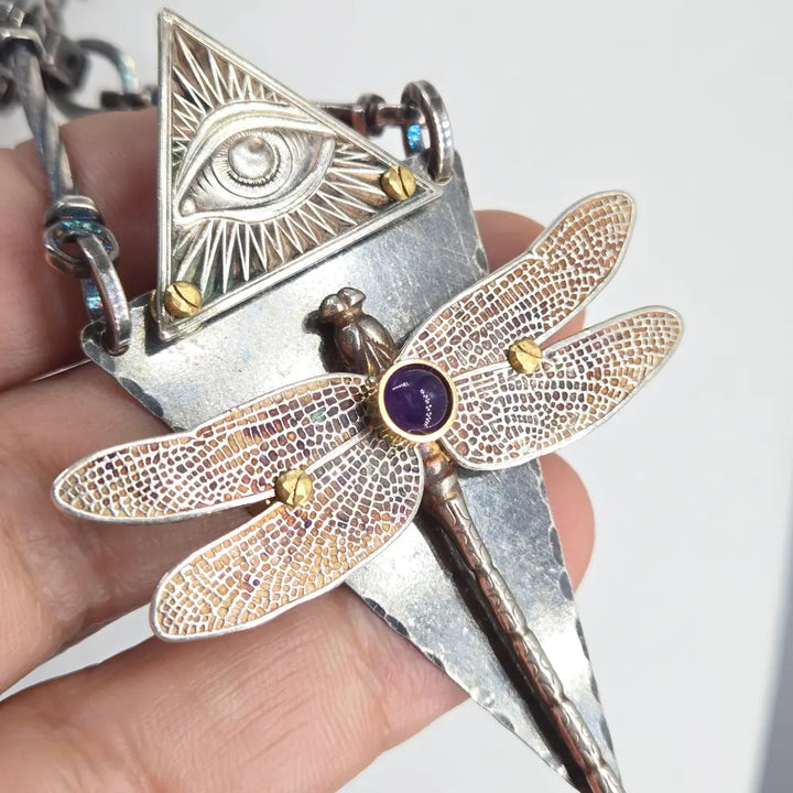 ?D Fly n z Eye!’ Convertible Necklace - Mixed Metals Amethyst Upcycled Bits & Enhancer Clip