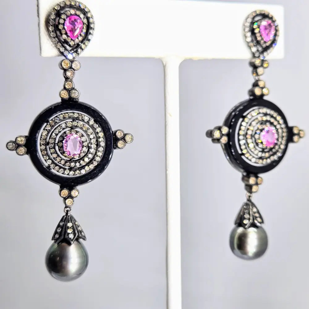 ?DArk Desires’ 2.75’’ Earrings - Tahitian Pearls Diamonds Sapphire Onyx 14k Gold Black Sterling