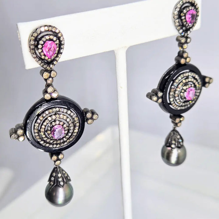 ?DArk Desires’ 2.75’’ Earrings - Tahitian Pearls Diamonds Sapphire Onyx 14k Gold Black Sterling