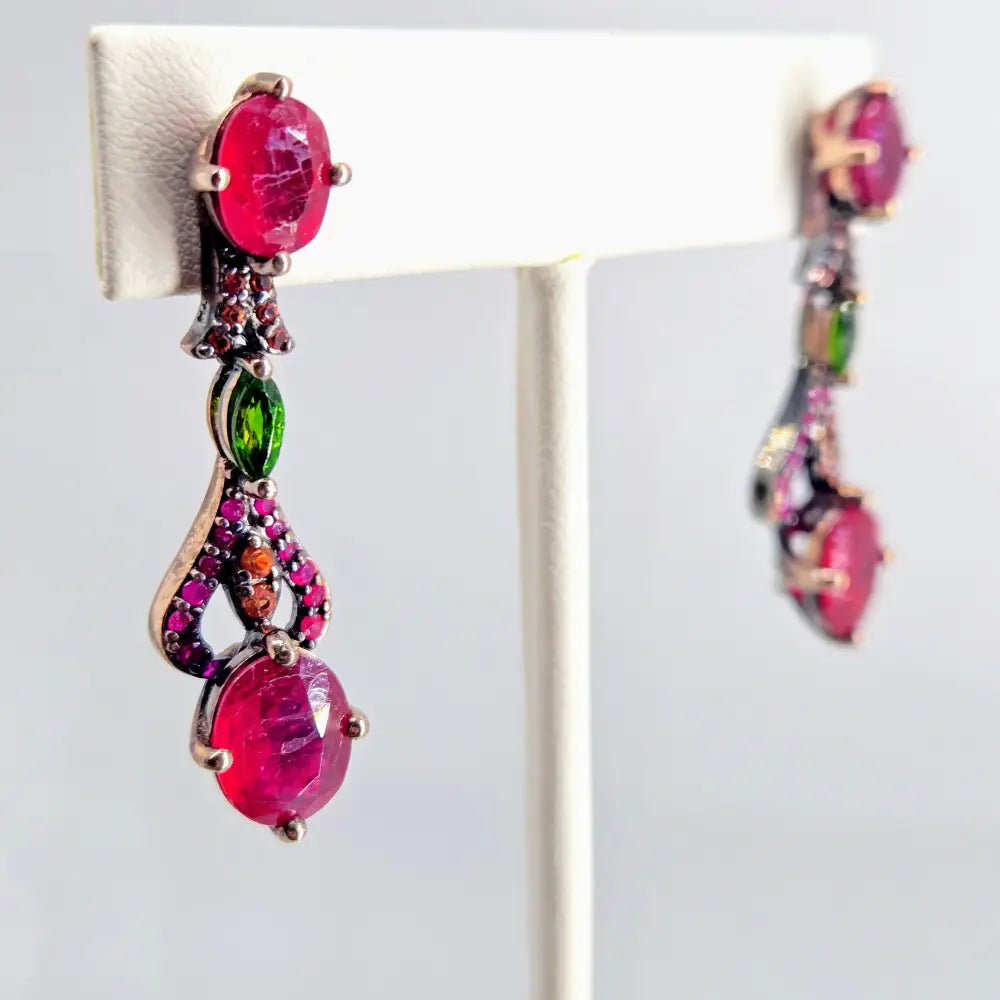 ?DArk Garden Delights’ 1.75’’ Earrings - Ruby Sapphire Chrome Diopside Oxidized Rose Gold Sterling