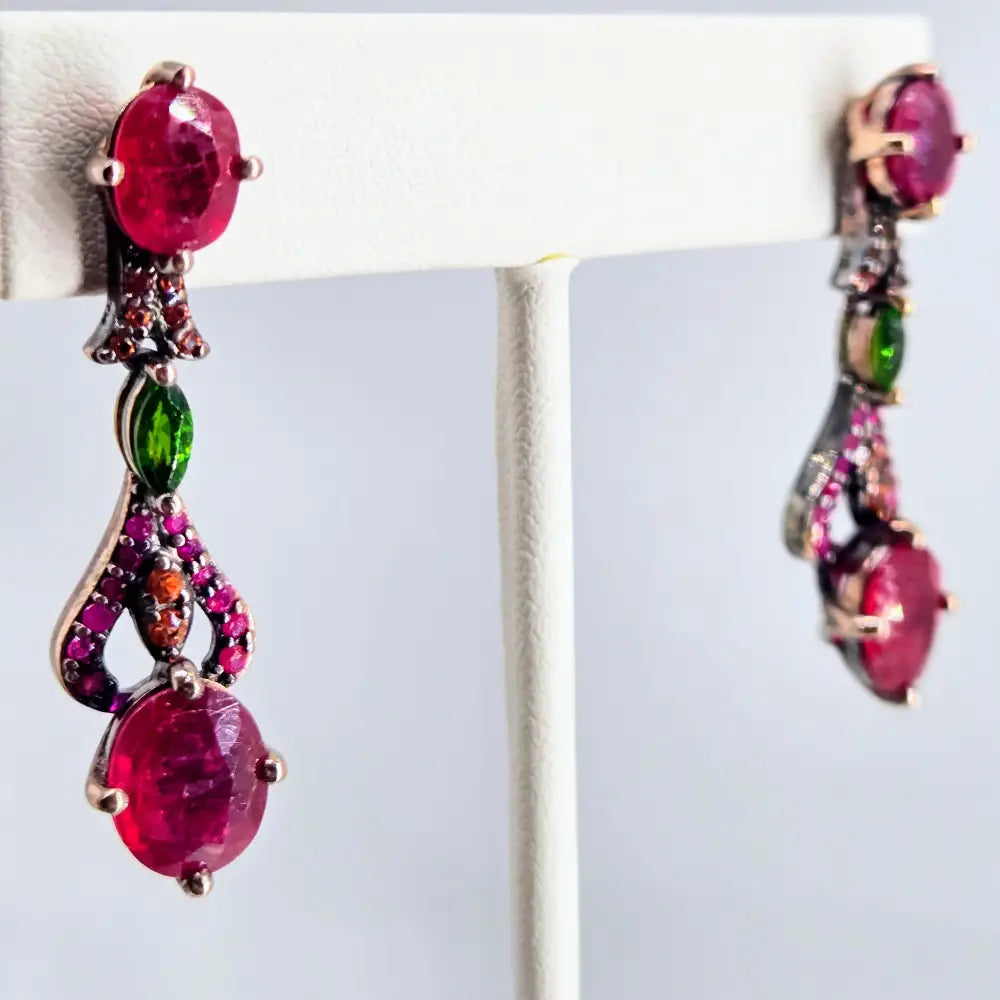 ?DArk Garden Delights’ 1.75’’ Earrings - Ruby Sapphire Chrome Diopside Oxidized Rose Gold Sterling