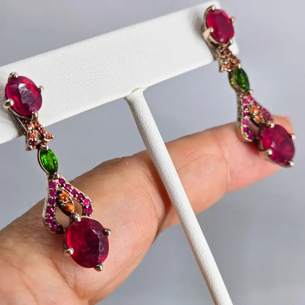 ?DArk Garden Delights’ 1.75’’ Earrings - Ruby Sapphire Chrome Diopside Oxidized Rose Gold Sterling
