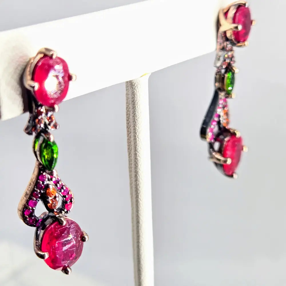 ?DArk Garden Delights’ 1.75’’ Earrings - Ruby Sapphire Chrome Diopside Oxidized Rose Gold Sterling