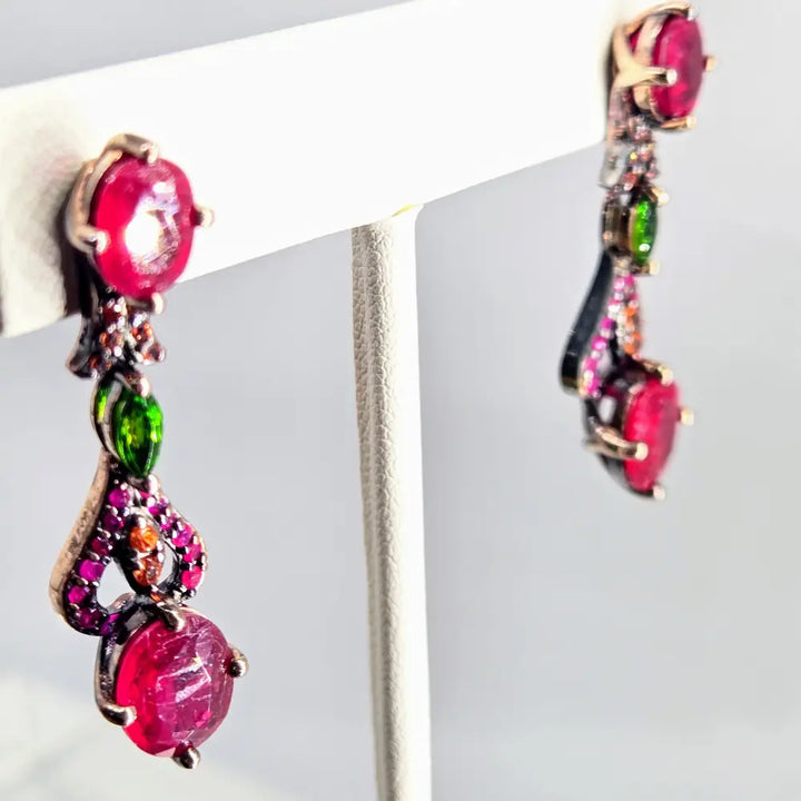 ?DArk Garden Delights’ 1.75’’ Earrings - Ruby Sapphire Chrome Diopside Oxidized Rose Gold Sterling