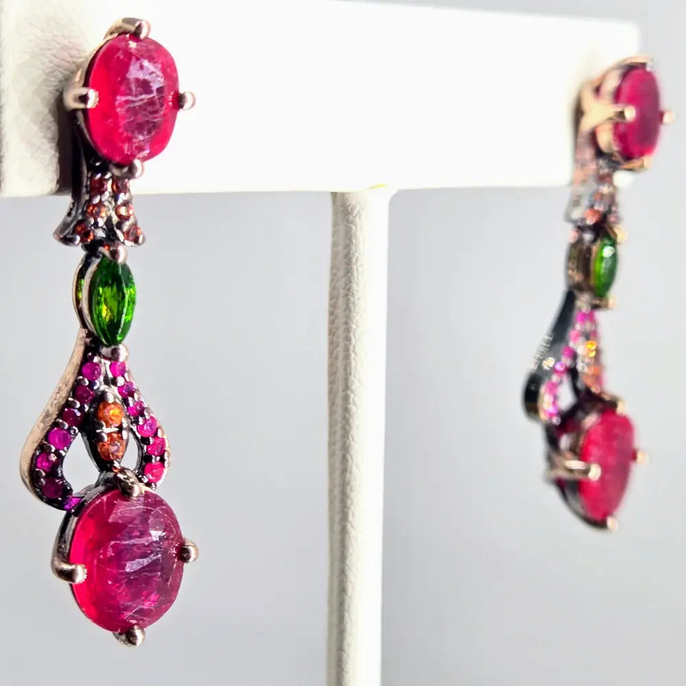 ?DArk Garden Delights’ 1.75’’ Earrings - Ruby Sapphire Chrome Diopside Oxidized Rose Gold Sterling