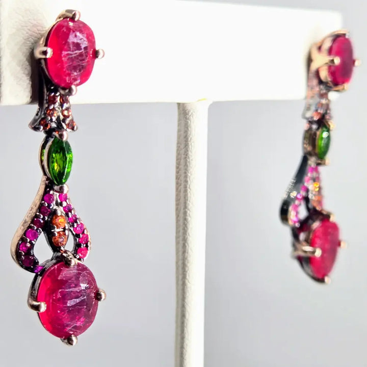 ?DArk Garden Delights’ 1.75’’ Earrings - Ruby Sapphire Chrome Diopside Oxidized Rose Gold Sterling