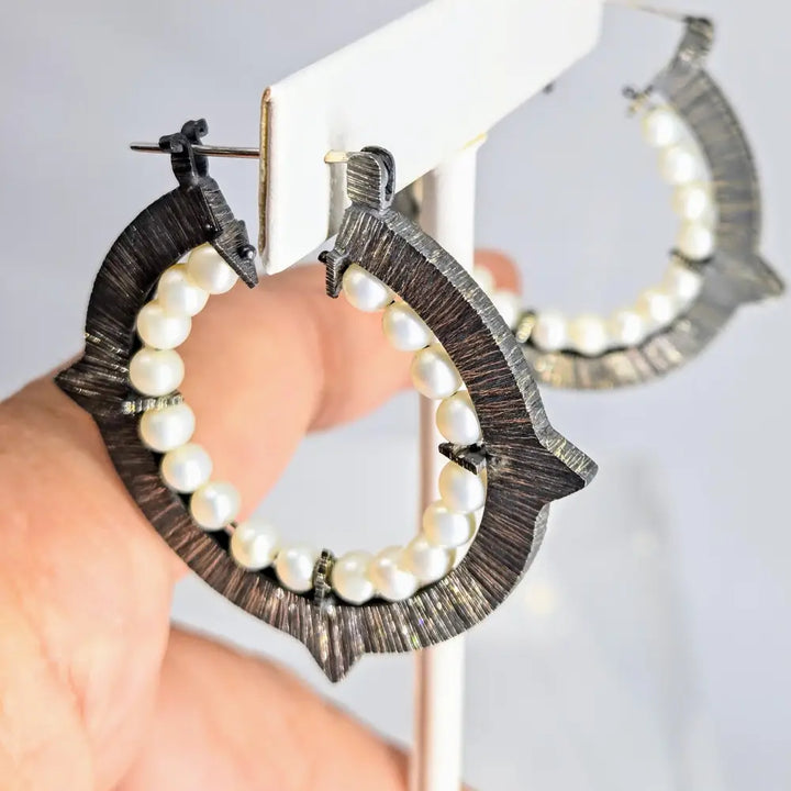 ?DArk Romance’ 1.75’’ Hoop Earrings - Pearls Oxidized Sterling