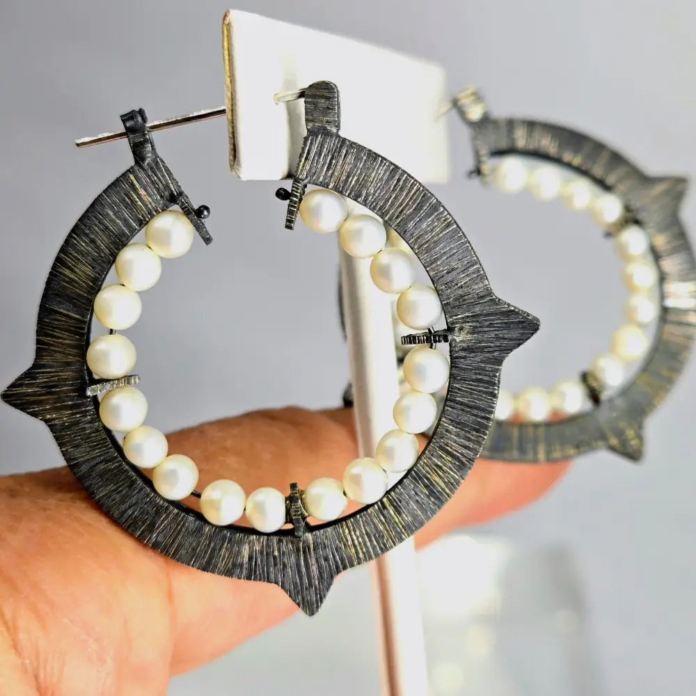 ?DArk Romance’ 1.75’’ Hoop Earrings - Pearls Oxidized Sterling