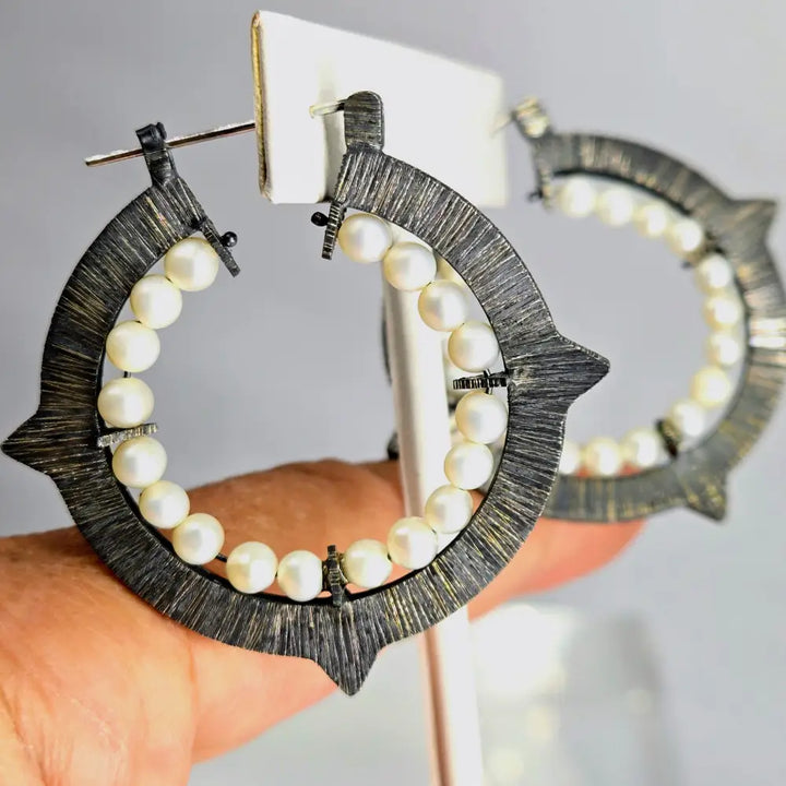 ?DArk Romance’ 1.75’’ Hoop Earrings - Pearls Oxidized Sterling