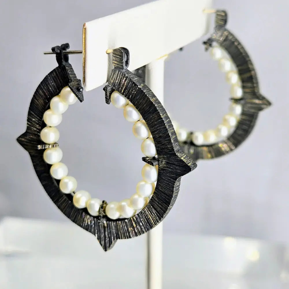 ?DArk Romance’ 1.75’’ Hoop Earrings - Pearls Oxidized Sterling