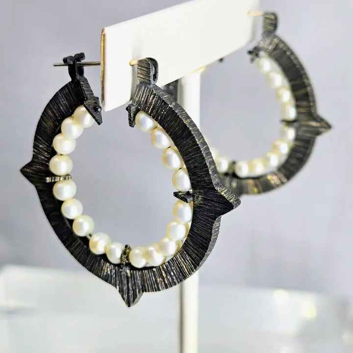 ?DArk Romance’ 1.75’’ Hoop Earrings - Pearls Oxidized Sterling
