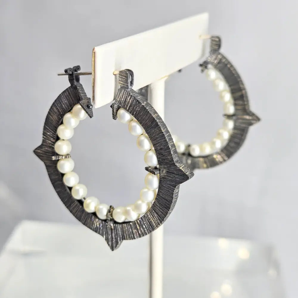 ?DArk Romance’ 1.75’’ Hoop Earrings - Pearls Oxidized Sterling