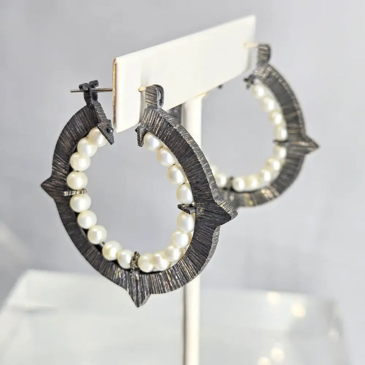?DArk Romance’ 1.75’’ Hoop Earrings - Pearls Oxidized Sterling