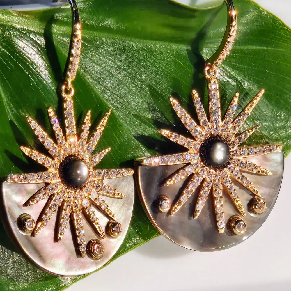 ?DArk Sunshine’ 1.5’’ Earrings - Tahitian Mother-of-pearl Zircon Anti-tarnish Gold Sterling