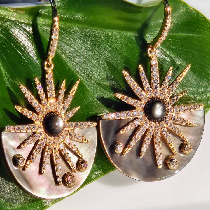 ?DArk Sunshine’ 1.5’’ Earrings - Tahitian Mother-of-pearl Zircon Anti-tarnish Gold Sterling