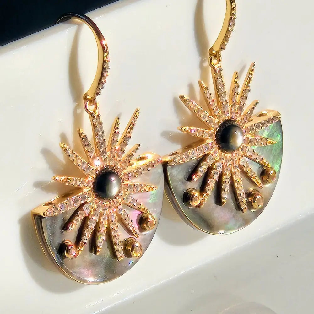 ?DArk Sunshine’ 1.5’’ Earrings - Tahitian Mother-of-pearl Zircon Anti-tarnish Gold Sterling
