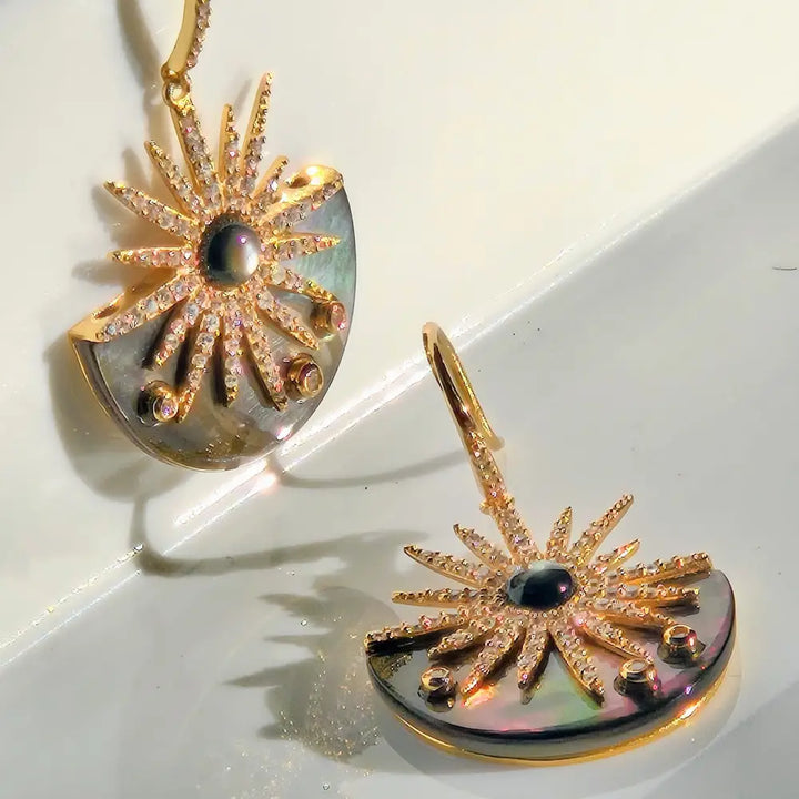 ?DArk Sunshine’ 1.5’’ Earrings - Tahitian Mother-of-pearl Zircon Anti-tarnish Gold Sterling