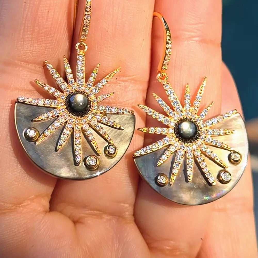 ?DArk Sunshine’ 1.5’’ Earrings - Tahitian Mother-of-pearl Zircon Anti-tarnish Gold Sterling