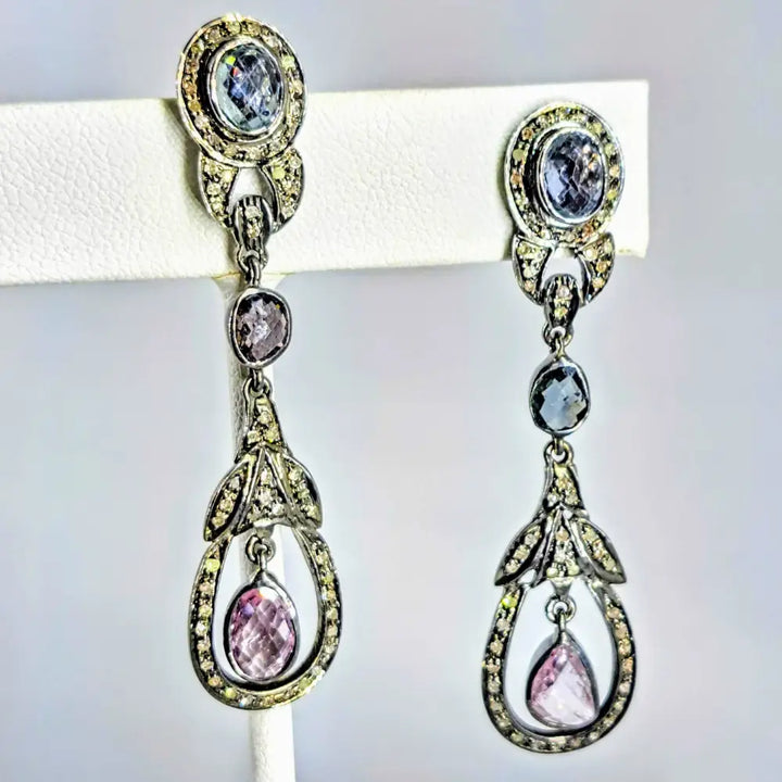 ?DEco Darlings’ 2.25’’ Earrings - Sapphire Diamonds Oxidized Sterling