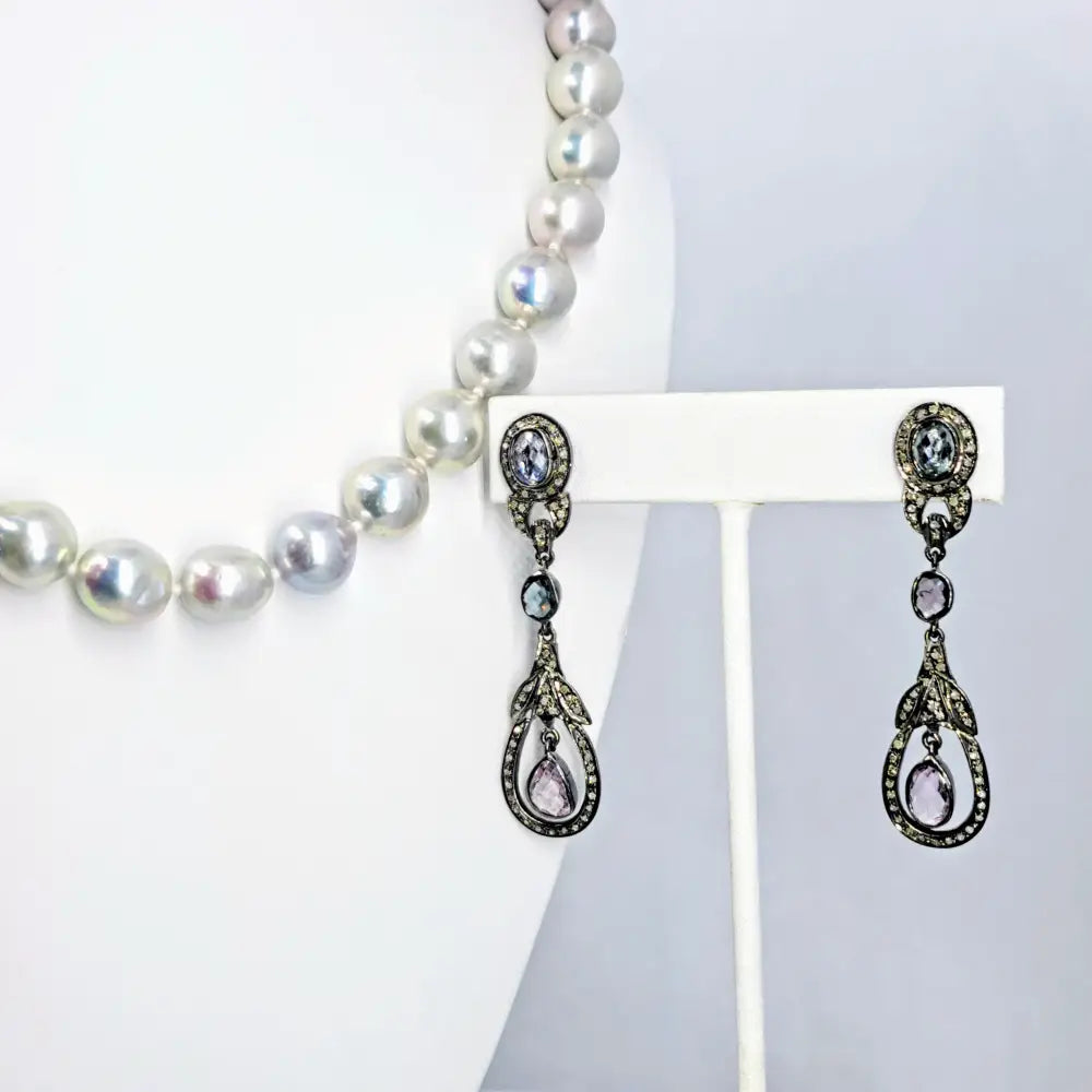 ?DEco Darlings’ 2.25’’ Earrings - Sapphire Diamonds Oxidized Sterling