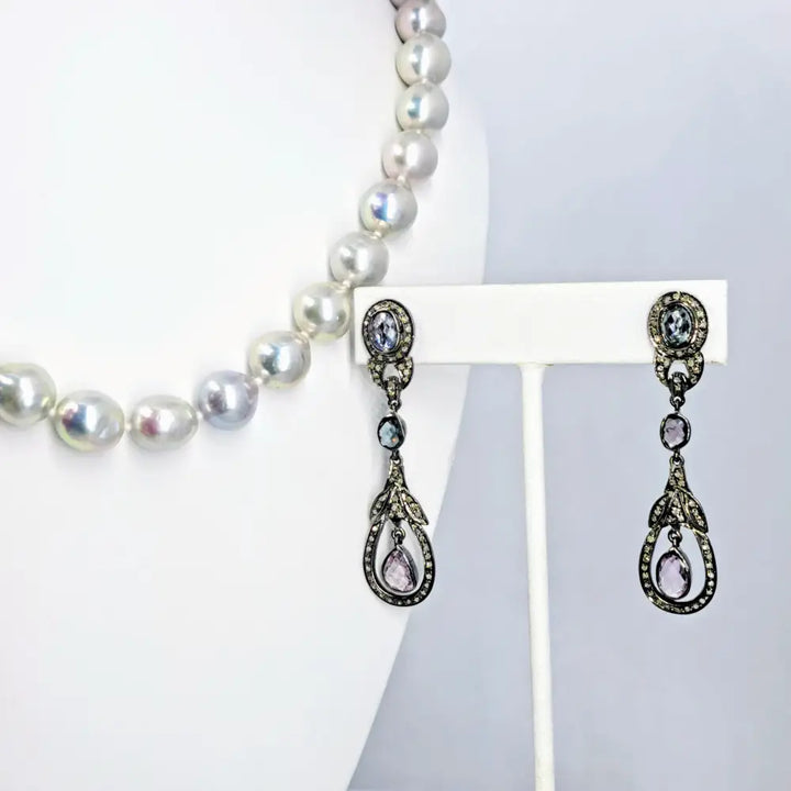 ?DEco Darlings’ 2.25’’ Earrings - Sapphire Diamonds Oxidized Sterling