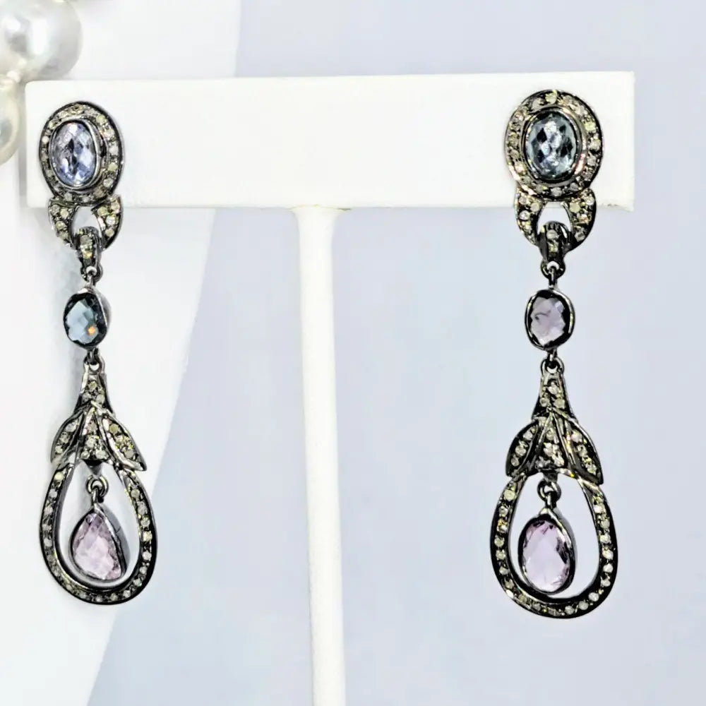 ?DEco Darlings’ 2.25’’ Earrings - Sapphire Diamonds Oxidized Sterling