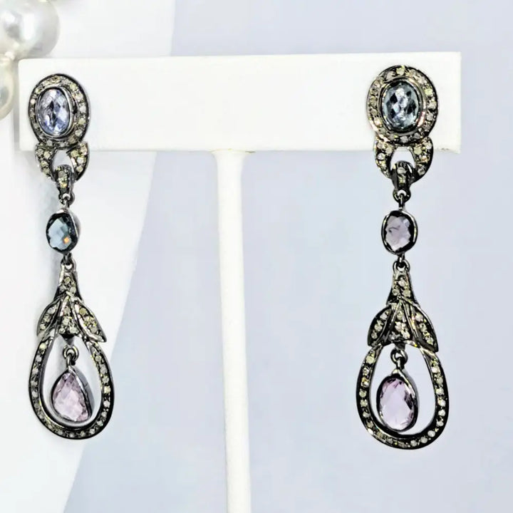 ?DEco Darlings’ 2.25’’ Earrings - Sapphire Diamonds Oxidized Sterling