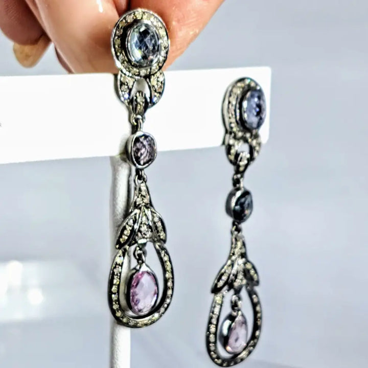 ?DEco Darlings’ 2.25’’ Earrings - Sapphire Diamonds Oxidized Sterling