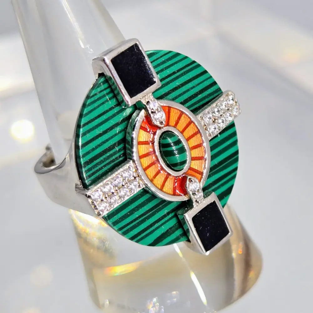 ?DEco Dream’ Sz 8 Ring - Malachite Enamel Zircon Anti-tarnish Sterling