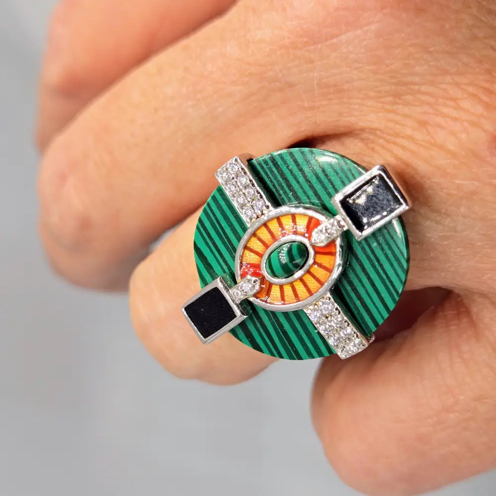 ?DEco Dream’ Sz 8 Ring - Malachite Enamel Zircon Anti-tarnish Sterling