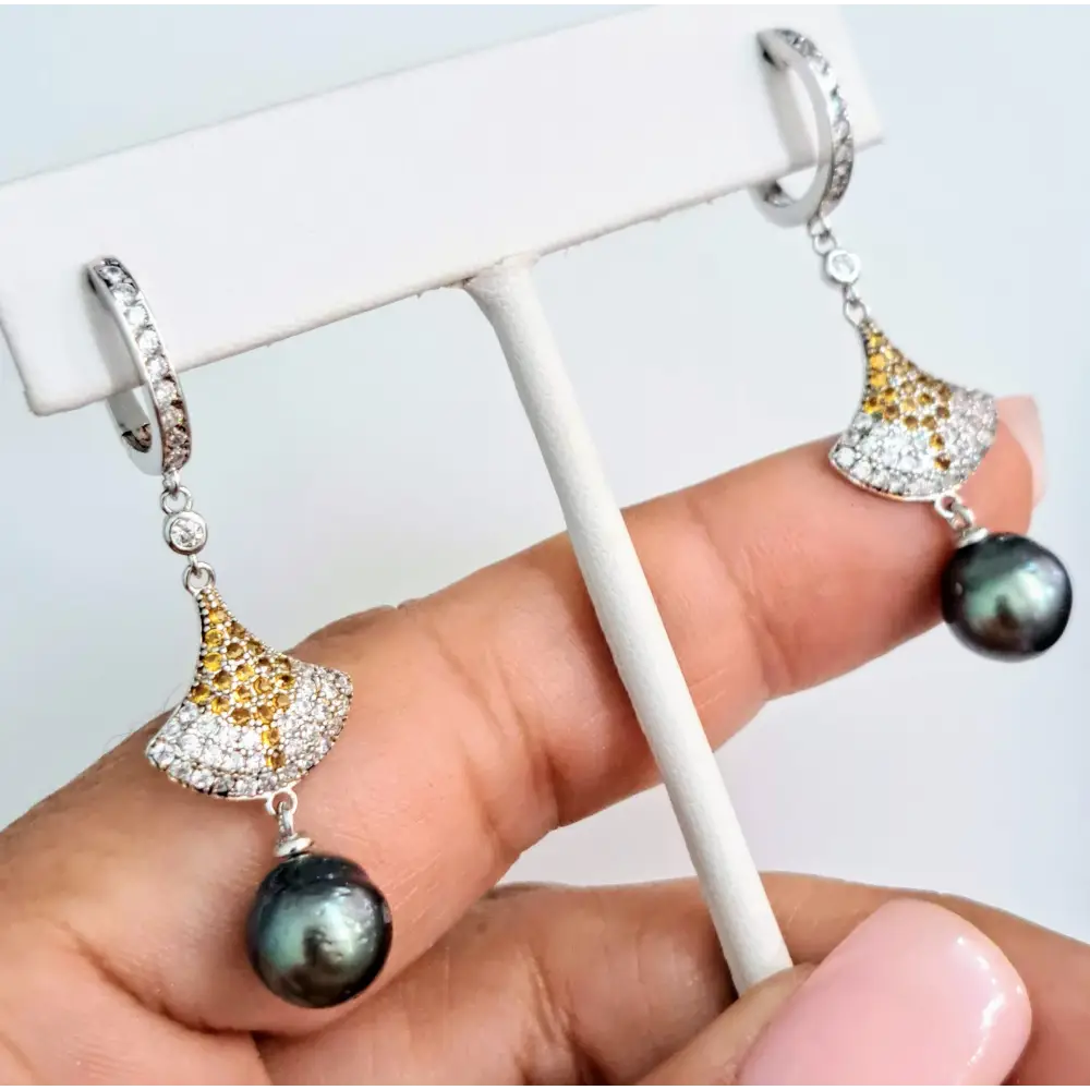 ?DEco Fan’ 2’’ Earrings - Tahitian Pearl Topaz Anti-tarnish Sterling