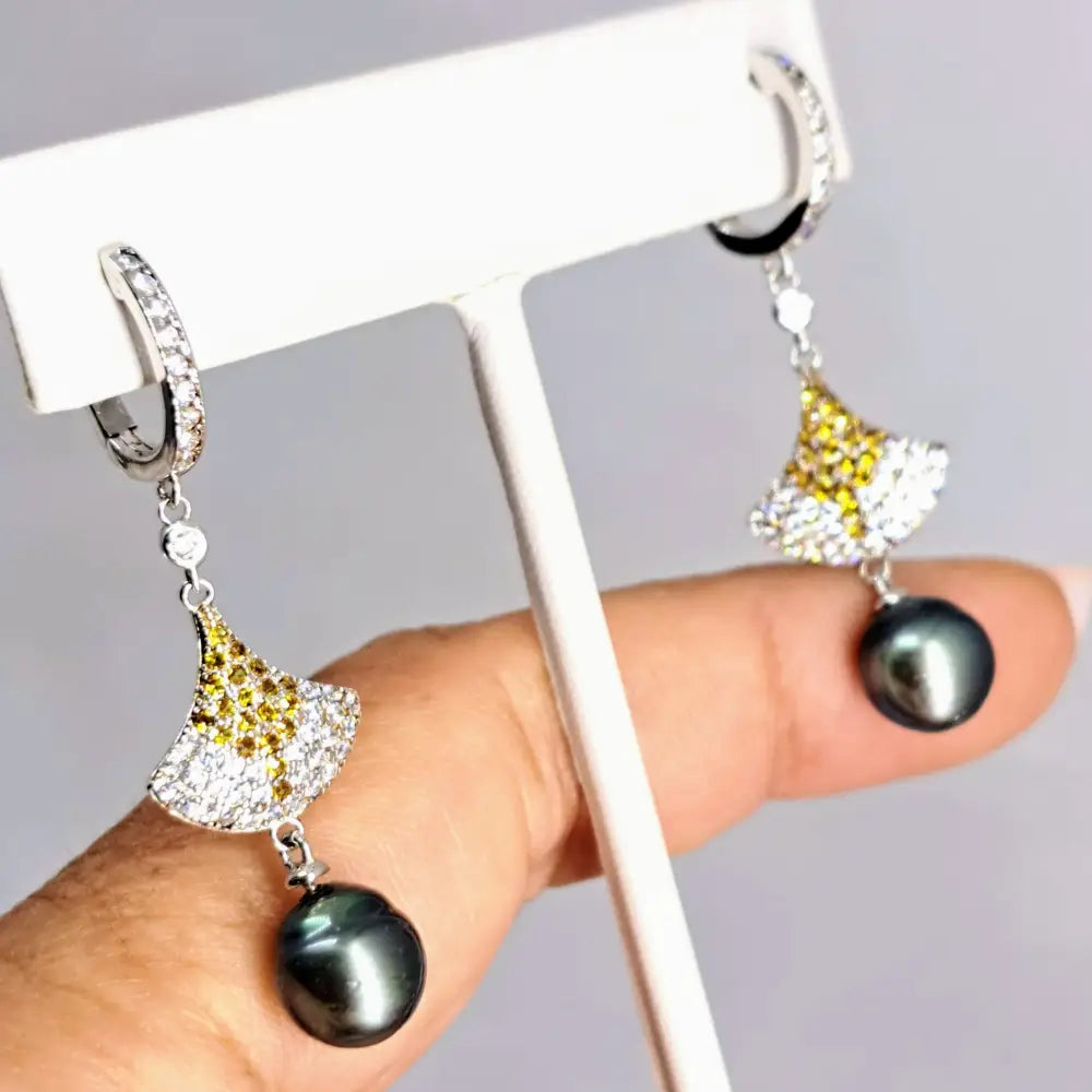 ?DEco Fan’ 2’’ Earrings - Tahitian Pearl Topaz Anti-tarnish Sterling