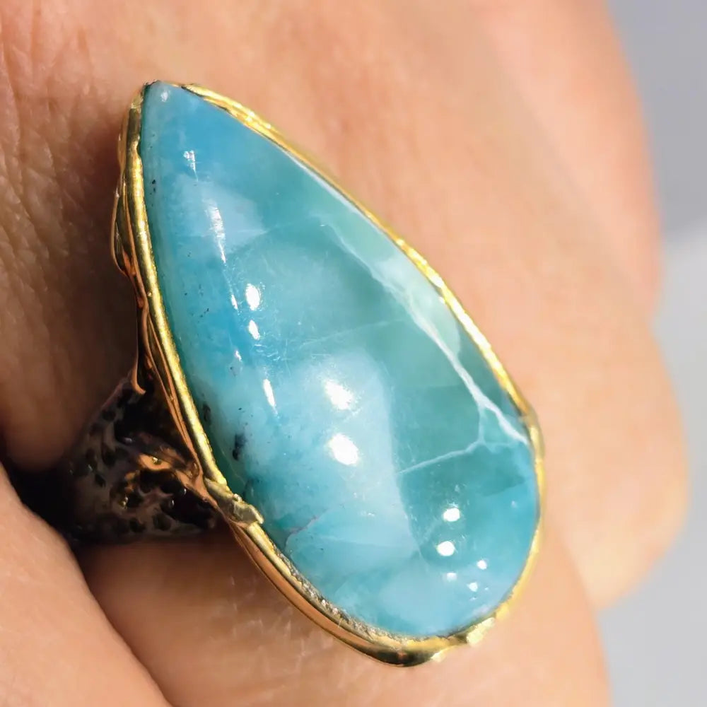 ?DEep Waters’ Sz 8 Ring - Larimar Black Sterling 18k Gold Accents