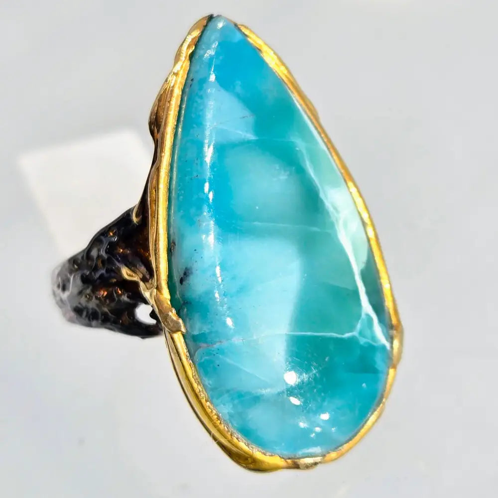 ?DEep Waters’ Sz 8 Ring - Larimar Black Sterling 18k Gold Accents