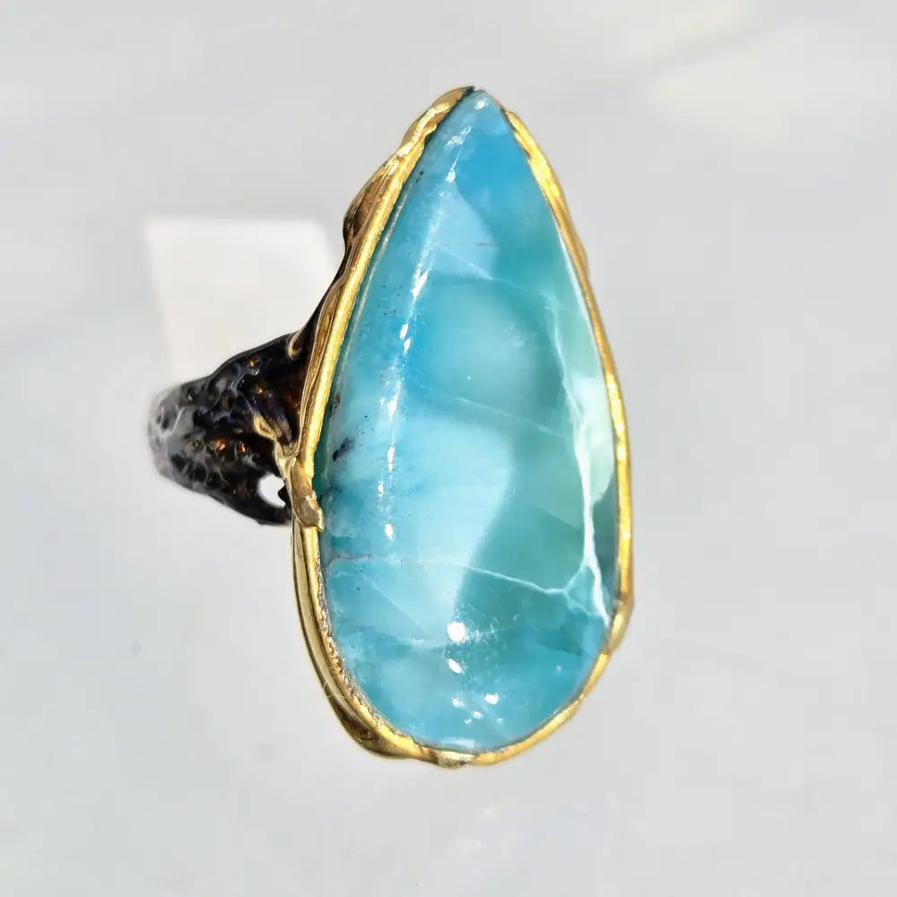 ?DEep Waters’ Sz 8 Ring - Larimar Black Sterling 18k Gold Accents