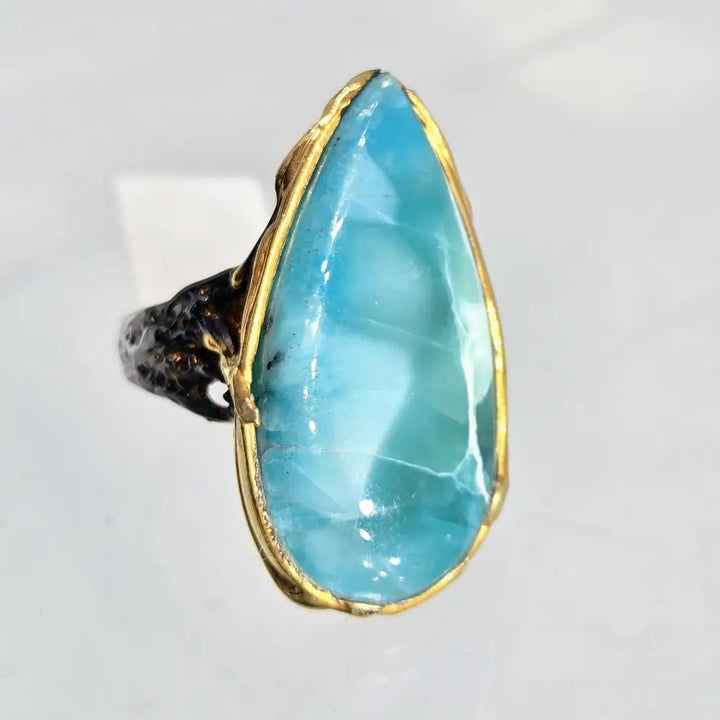 ?DEep Waters’ Sz 8 Ring - Larimar Black Sterling 18k Gold Accents