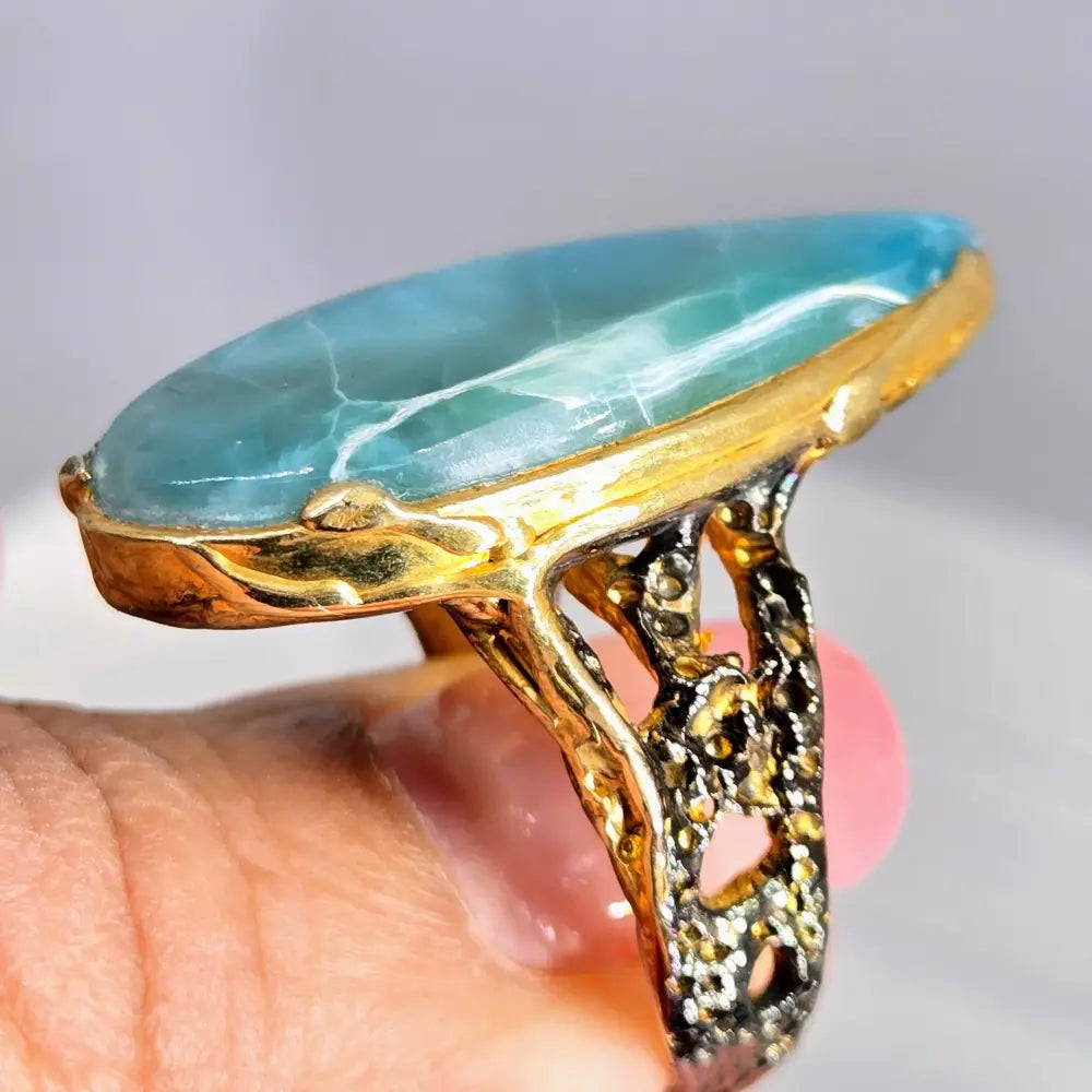 ?DEep Waters’ Sz 8 Ring - Larimar Black Sterling 18k Gold Accents