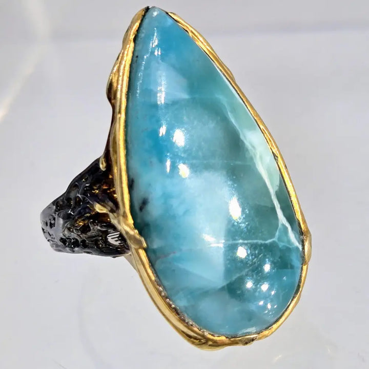 ?DEep Waters’ Sz 8 Ring - Larimar Black Sterling 18k Gold Accents