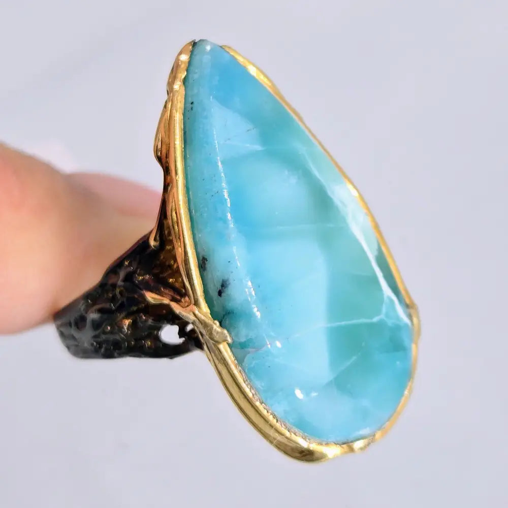 ?DEep Waters’ Sz 8 Ring - Larimar Black Sterling 18k Gold Accents