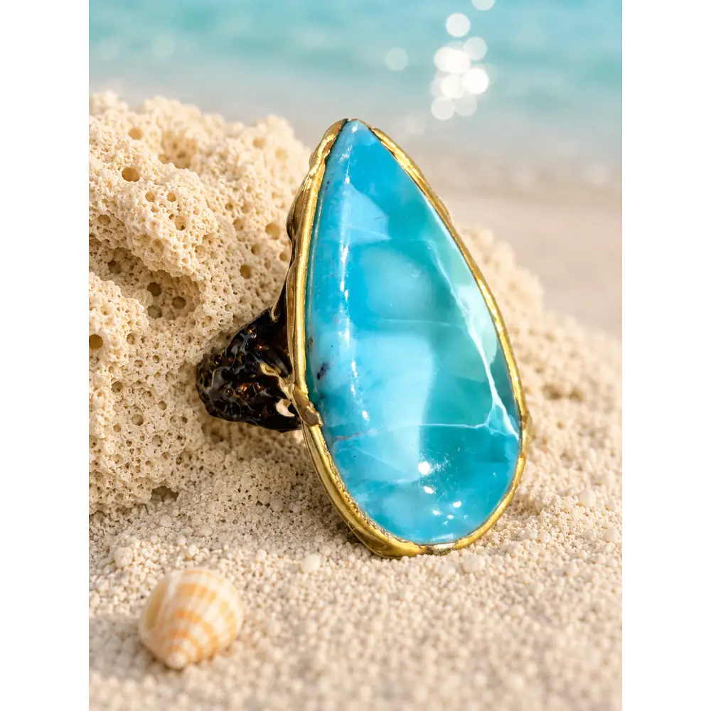 ?DEep Waters’ Sz 8 Ring - Larimar Black Sterling 18k Gold Accents
