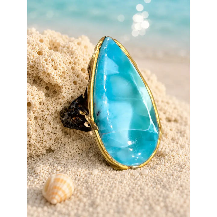 ?DEep Waters’ Sz 8 Ring - Larimar Black Sterling 18k Gold Accents