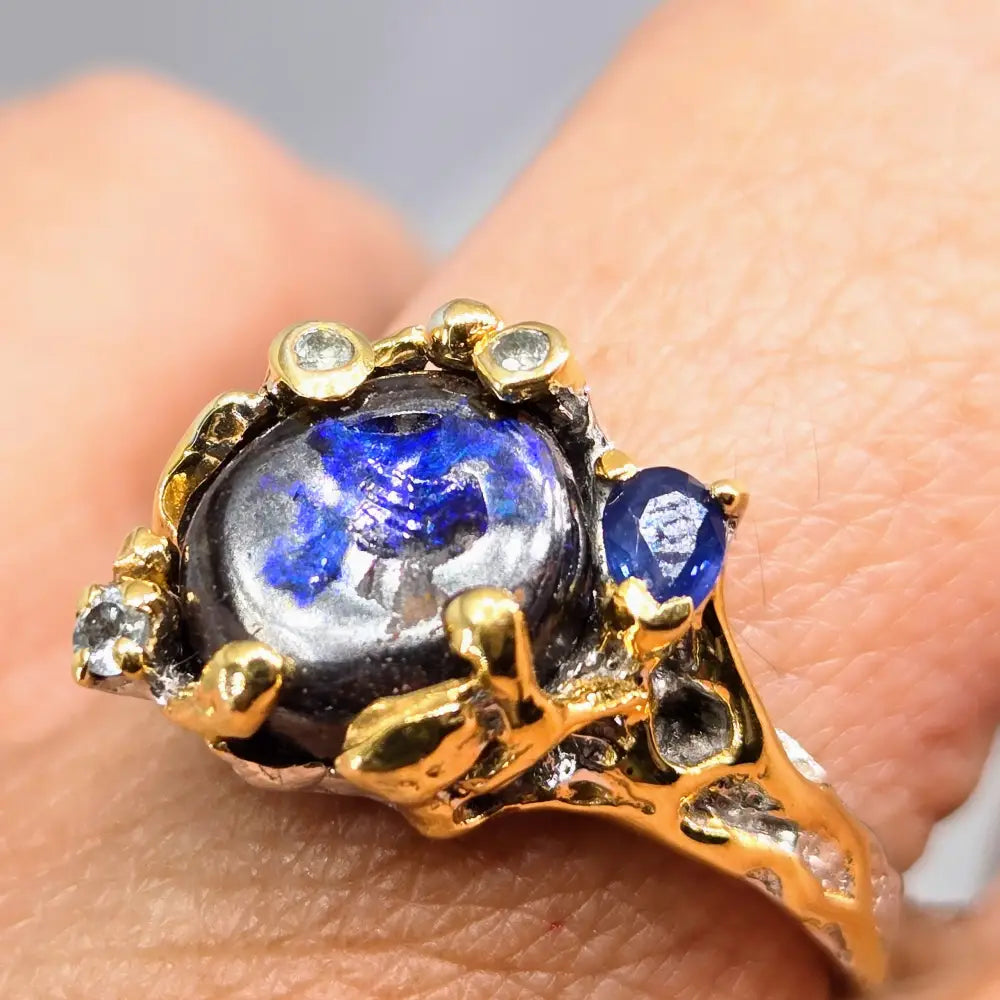Deepest Blues Sz 8 Ring - Australian Boulder Opal Sapphire Zircon Sterling 18k