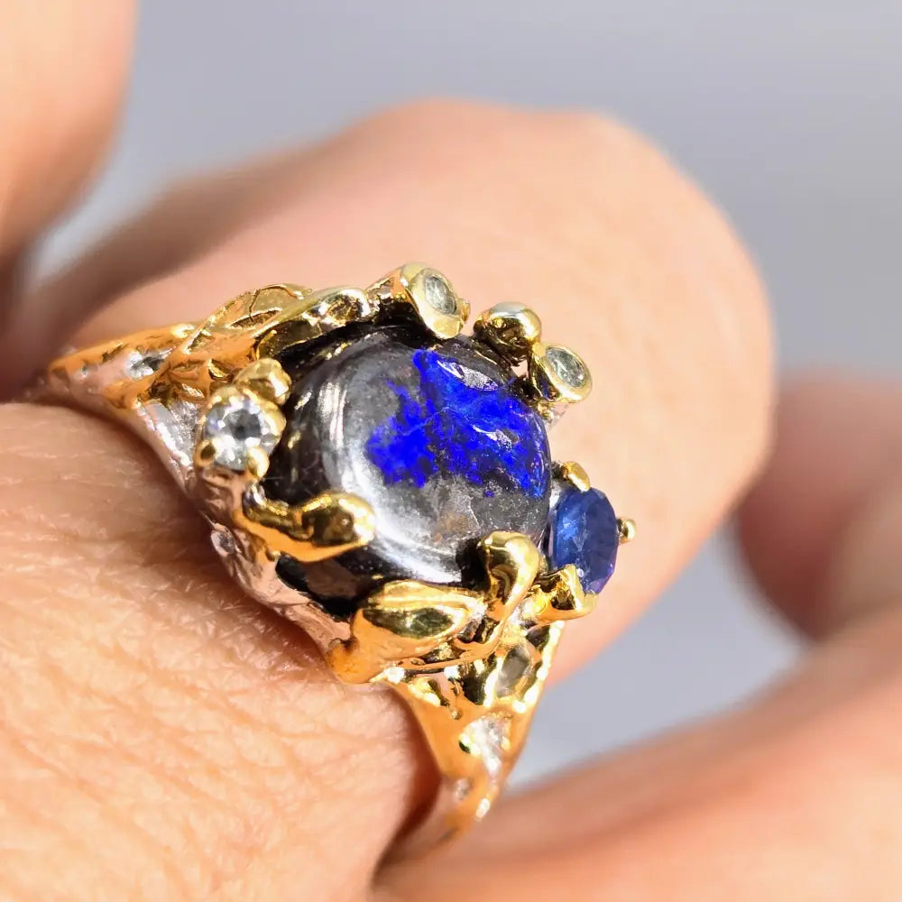 Deepest Blues Sz 8 Ring - Australian Boulder Opal Sapphire Zircon Sterling 18k