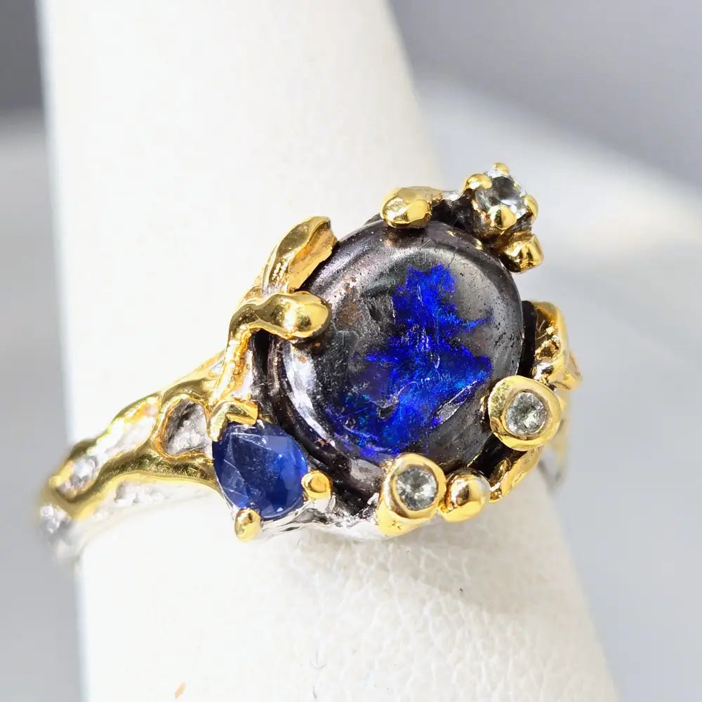 Deepest Blues Sz 8 Ring - Australian Boulder Opal Sapphire Zircon Sterling W/ 18k Accents