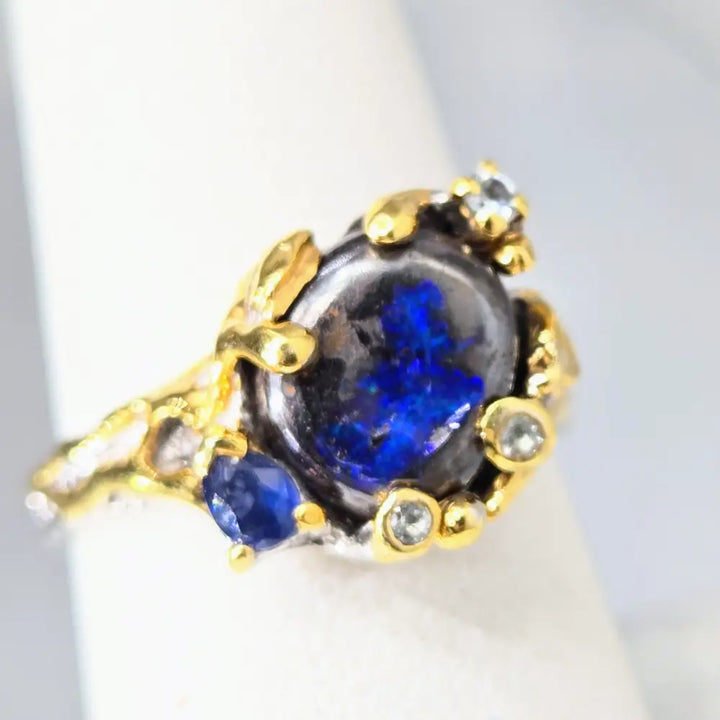 Deepest Blues Sz 8 Ring - Australian Boulder Opal Sapphire Zircon Sterling 18k